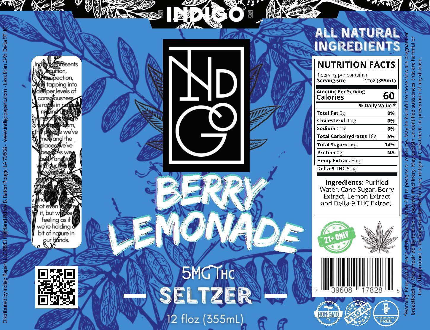 New! Indigo Seltzer Berry Lemonade 5mg - Case of 12 - Tree Spirit Wellness