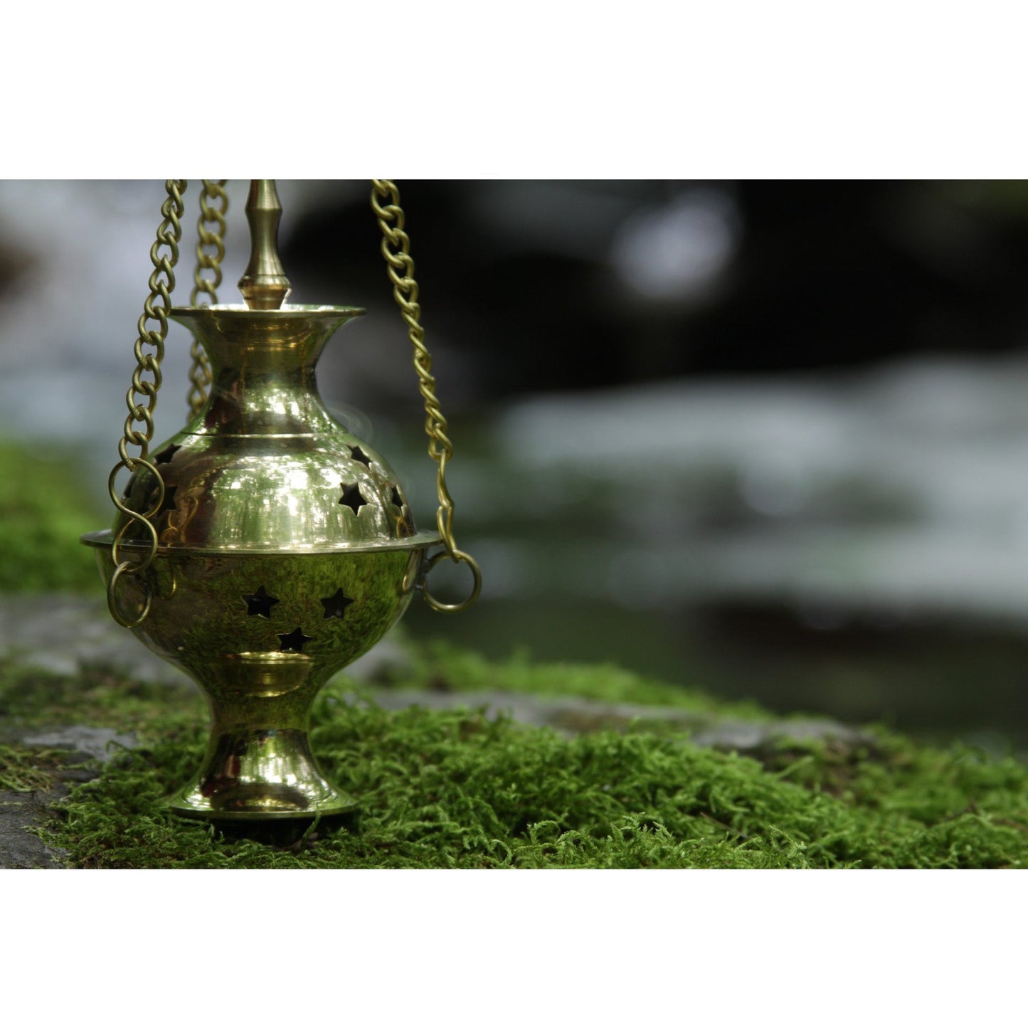 Burner - Hanging Brass Burner, Quatrefoil Jali 5"Hx2.75"D - Tree Spirit Wellness