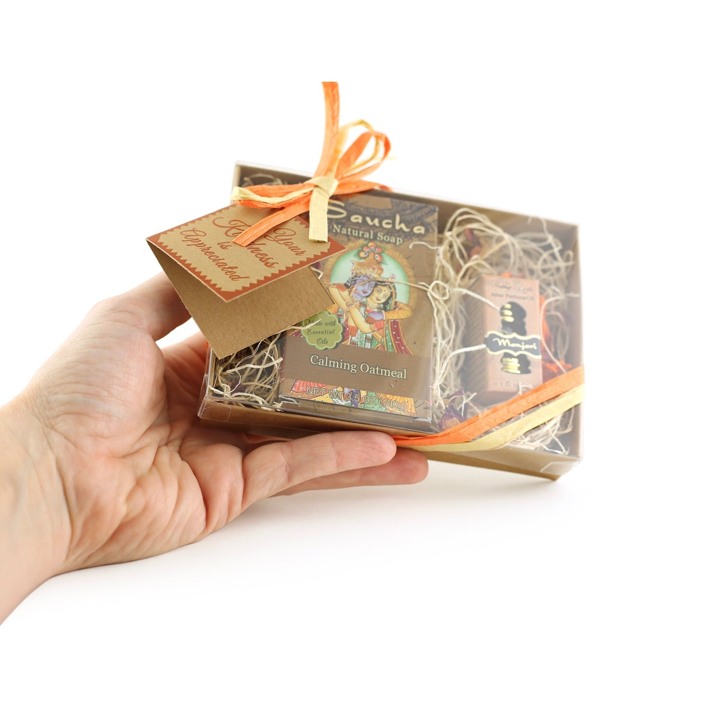 Gift Set - Saucha Bar Soap 'Calming Oatmeal' and Attar Oil 'Manjari' - with Greeting 'Your kindness is appreciated' - Tree Spirit Wellness