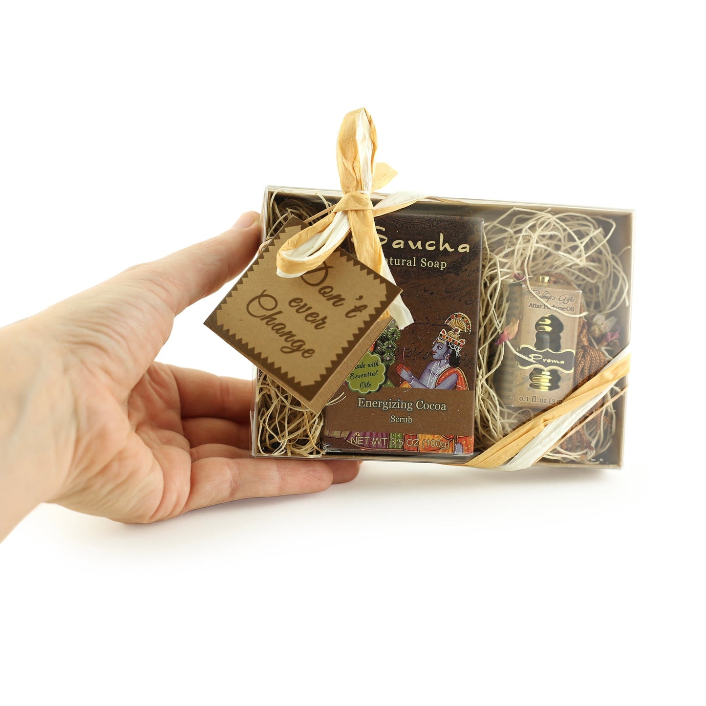 Gift Set - Saucha Bar Soap 'Energizing Cocoa' and Attar Oil 'Prema' - with Greeting 'Don't ever change' - Tree Spirit Wellness