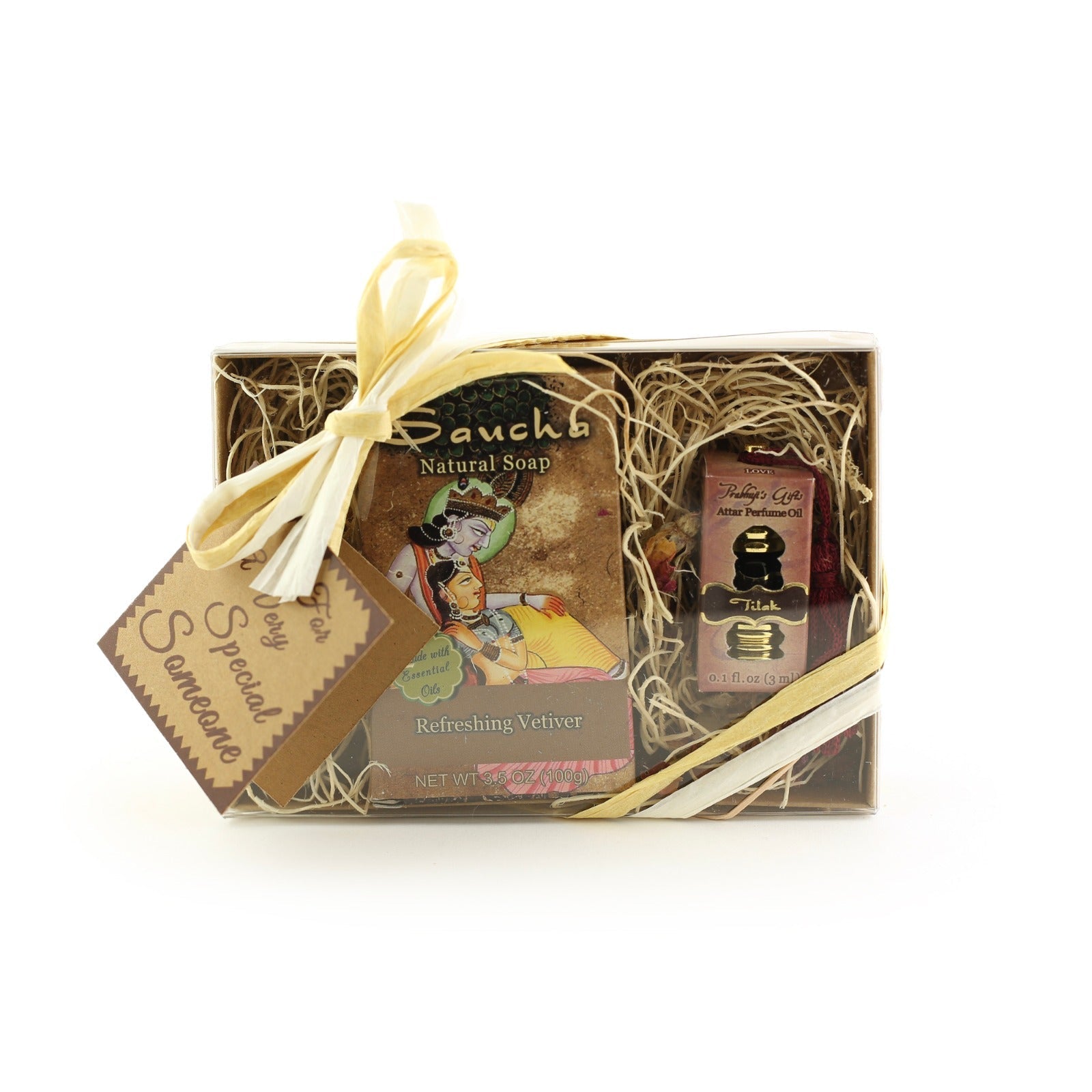 Gift Set - Saucha Bar Soap 'Refreshing Vetiver' and Attar Oil 'Tilak' - with Greeting 'For a very special someone' - Tree Spirit Wellness