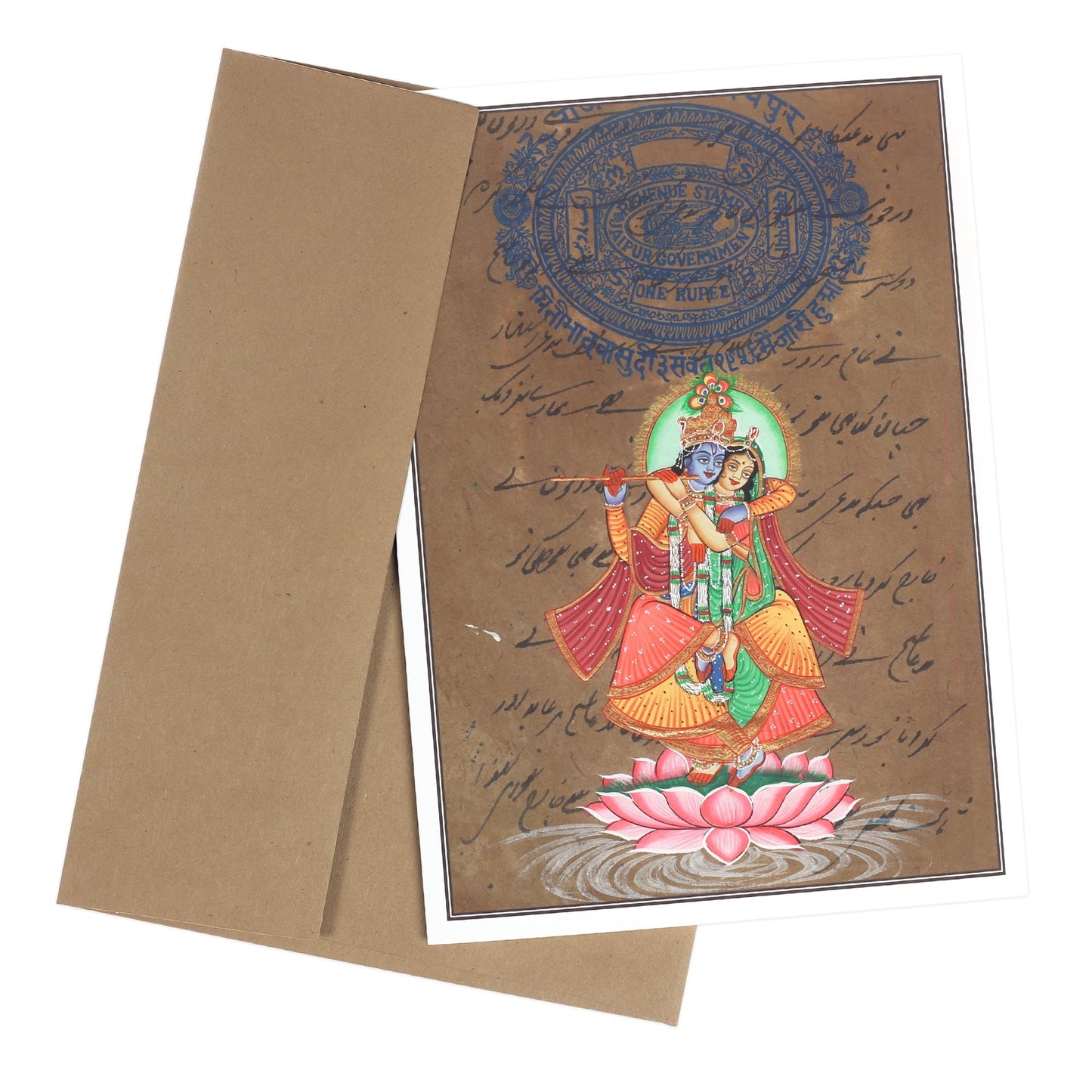 Greeting Card - Rajasthani Miniature Painting - Radha Krishna on Lotus - 5"x7" - Tree Spirit Wellness