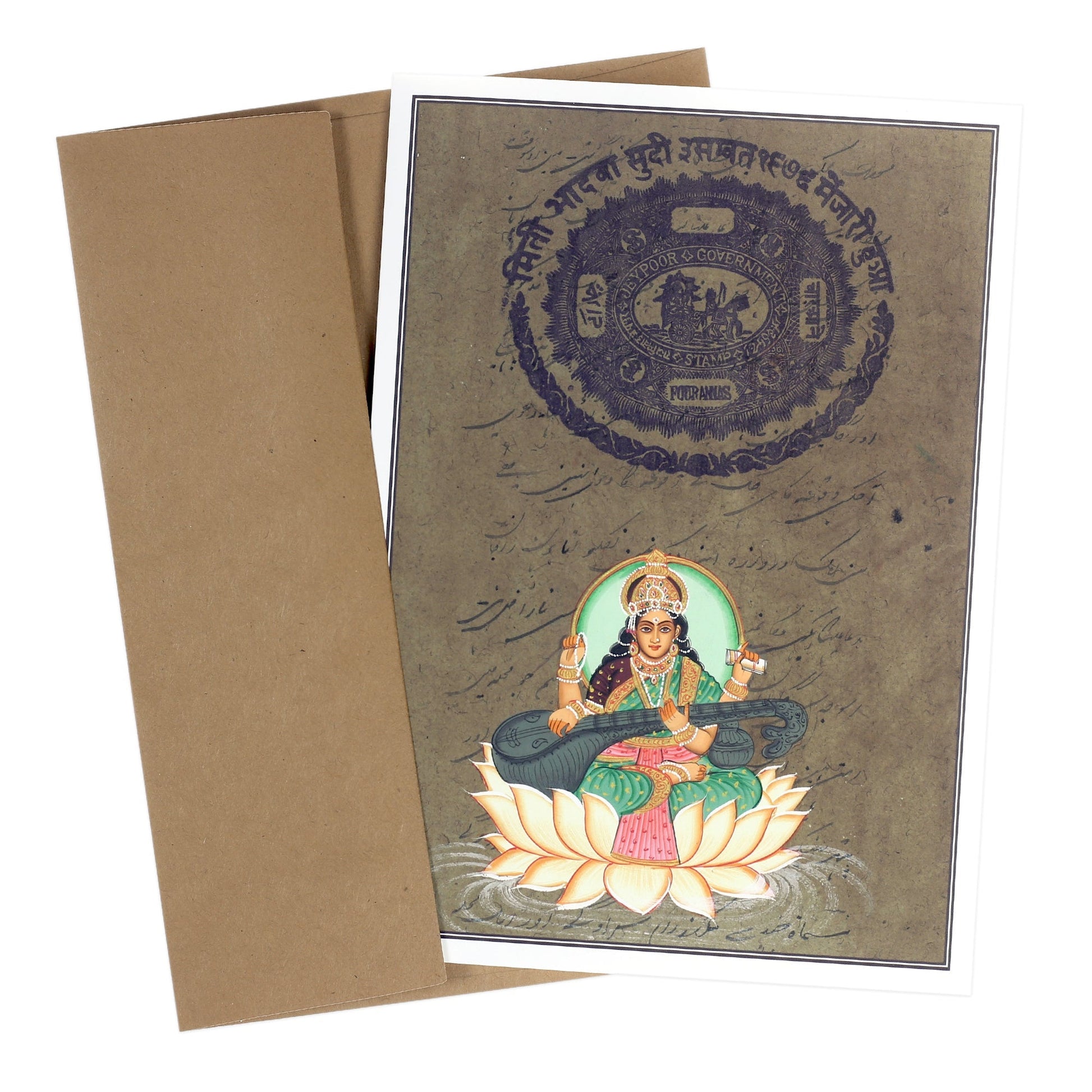 Greeting Card - Rajasthani Miniature Painting - Seated Saraswati on Lotus - 5"x7" - Tree Spirit Wellness