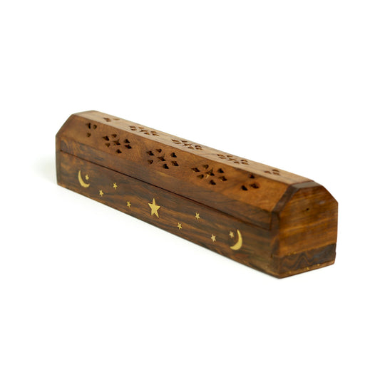 Incense Burner - Wooden Box with Storage - Moon and Star - Tree Spirit Wellness