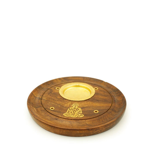 Incense Burner - Wooden Round Plate Buddha - 4 inches - Tree Spirit Wellness