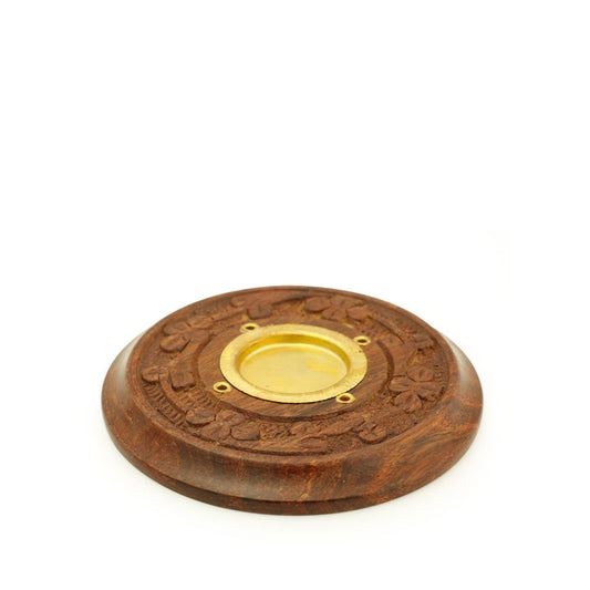 Incense Burner - Wooden Round Plate Flowers - 4 inches - Tree Spirit Wellness