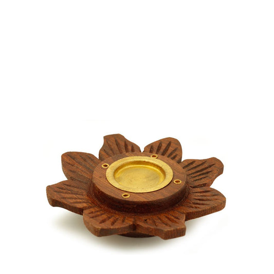 Incense Burner - Wooden Round Plate Lotus - 4 inches - Tree Spirit Wellness