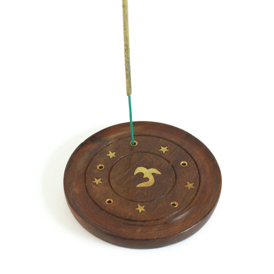 Incense Burner - Wooden Round Plate with Om - 4 inches - Tree Spirit Wellness