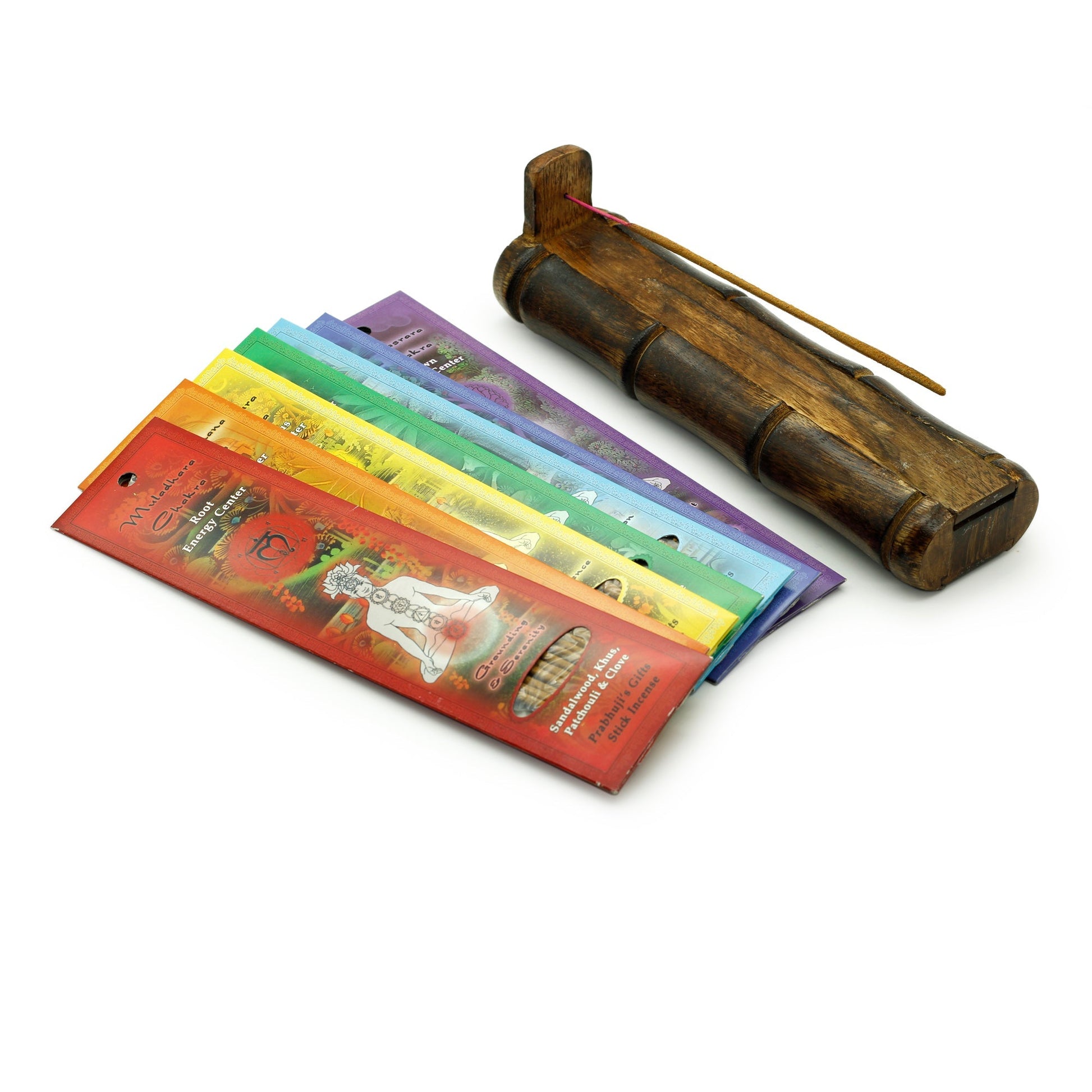 Incense Gift Set - Bamboo Burner + 7 chakra incense stick & Greeting: May Love, Light, Peace & ... Always - Tree Spirit Wellness