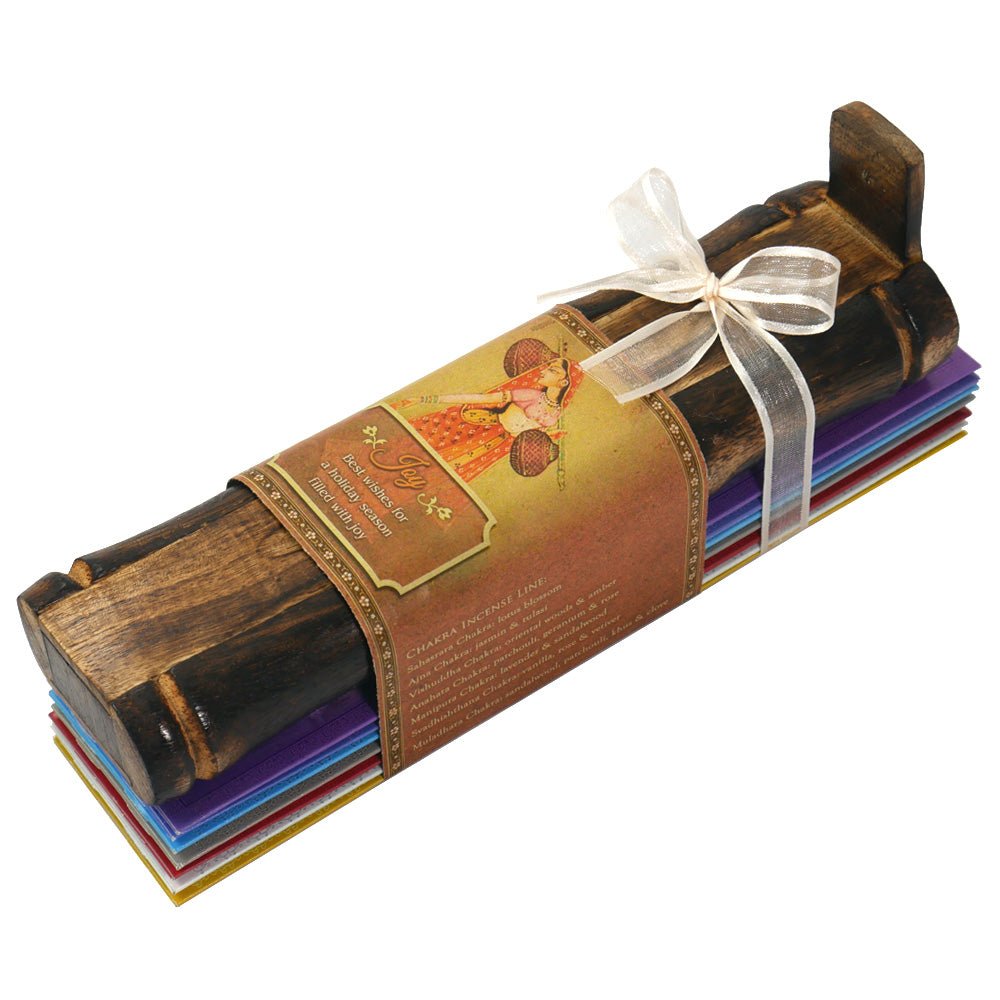 Incense Gift Set - Bamboo Burner + 7 Chakra Incense Sticks Packs & Holiday Greeting - Joy - Tree Spirit Wellness