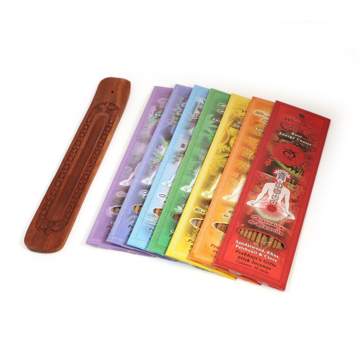 Incense Gift Set - Flat Burner + 7 Chakras Incense Stick in Brown Greeting Sleeve - Tree Spirit Wellness