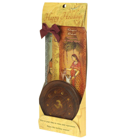 Incense Gift Set - Wood Round Burner + 3 Harmony Incense Sticks & Holiday Greeting (Madhumadhavi, Sehuti, Padmanjari) - Tree Spirit Wellness