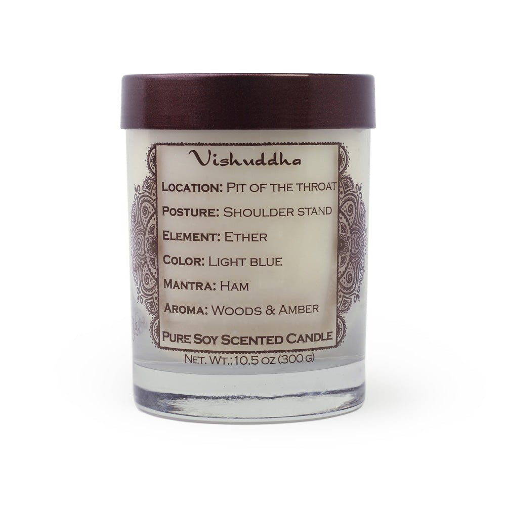 Soy Candle for Chakra Meditation Scented with Essential Oils | Throat Chakra Vishuddha | Woods & Amber | Communication and Wisdom - 10.5oz - Tree Spirit Wellness